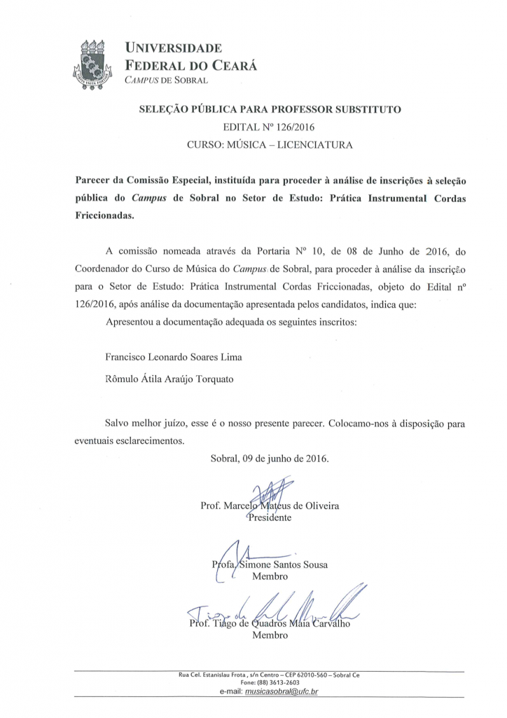 Comissão Especial - Incrições Cordas substituto