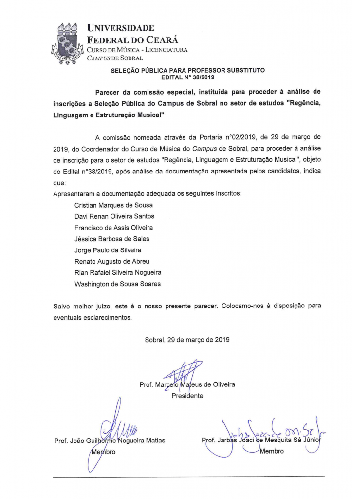 Parecer das Inscrições- edital 38:2019