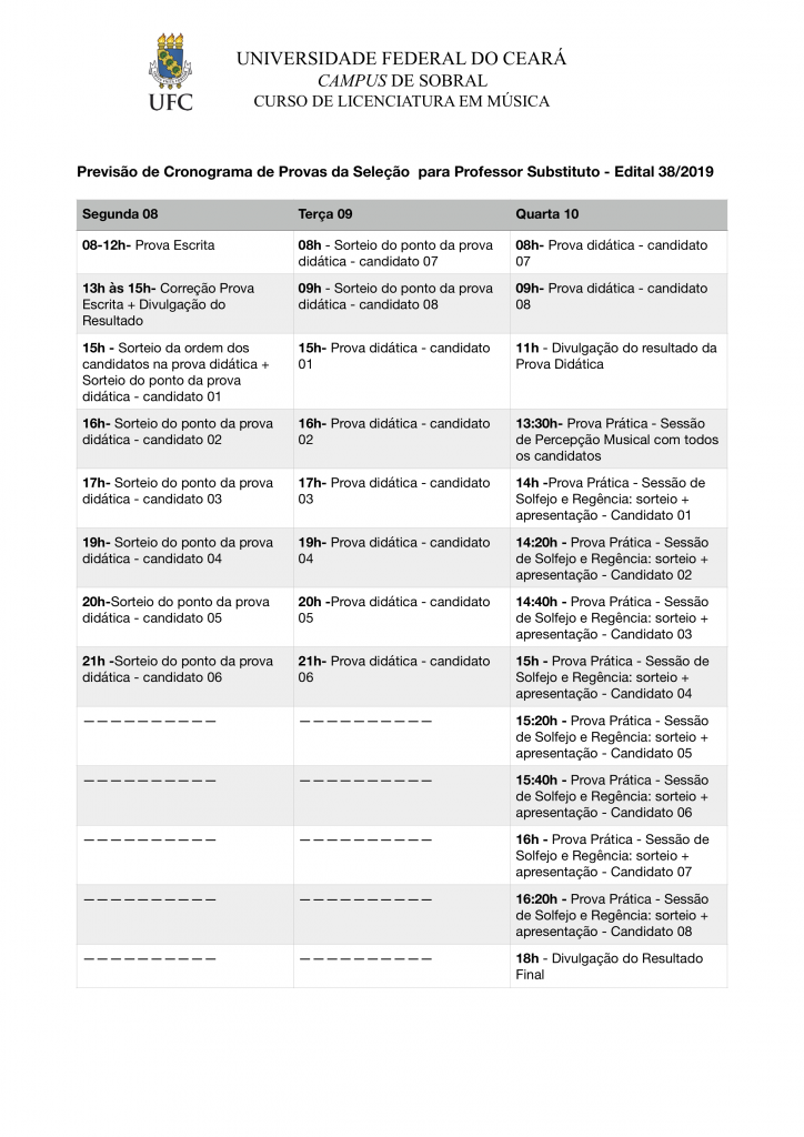 Cronograma - edital 38:2019